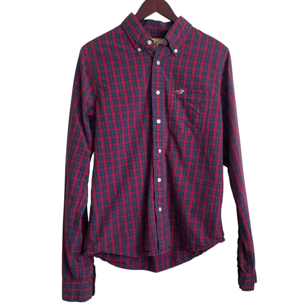 Hollister Mens Button Down Shirt XL Red Blue Plaid Cotton Long Sleeve Preppy